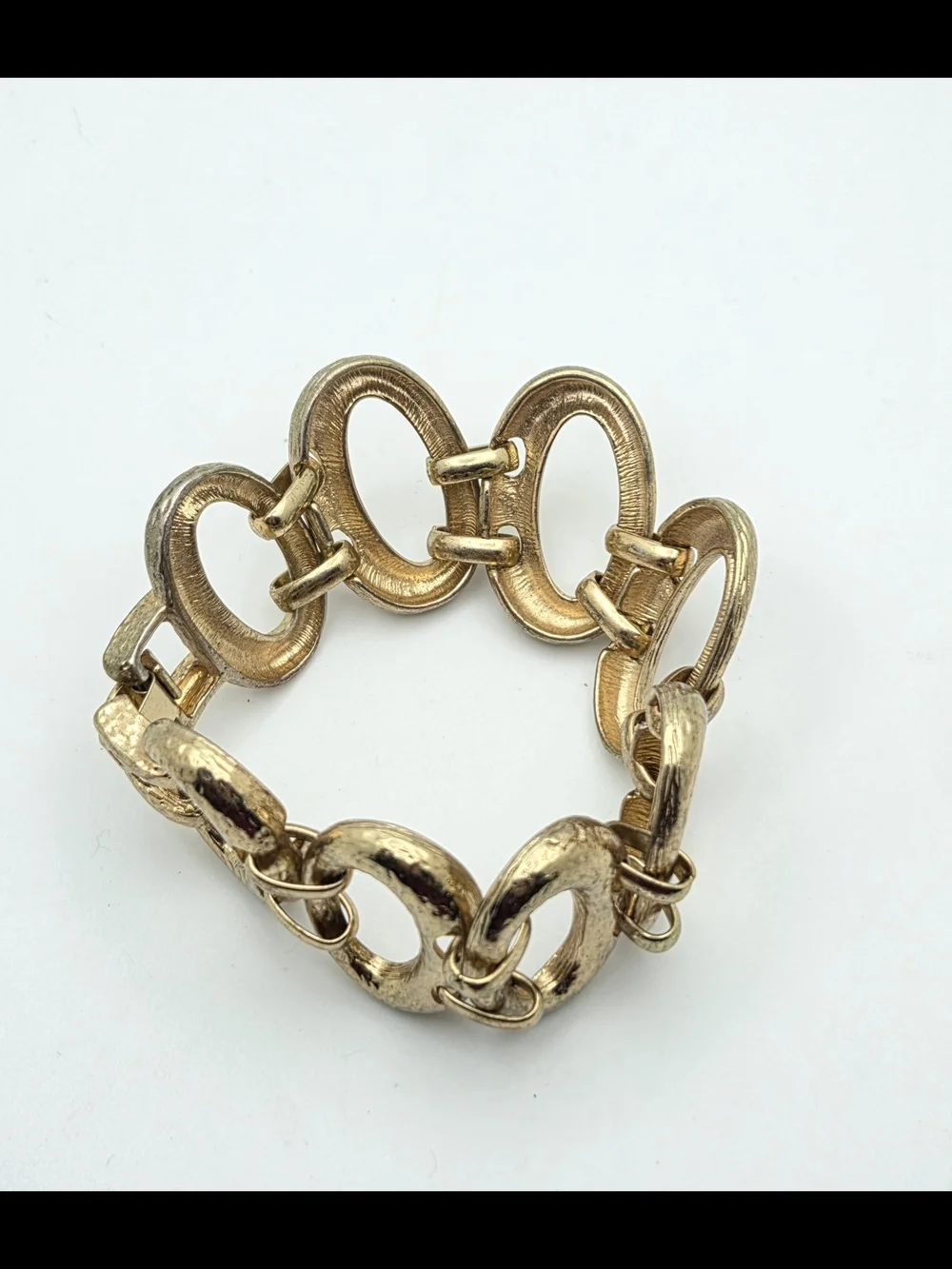 Vintage Hammered Gold Tone Oval Link Statement Bracelet